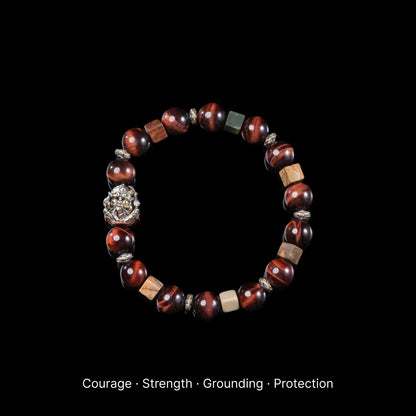 Mountain Guardian Bracelet red tiger eye and guardian bead black background product view