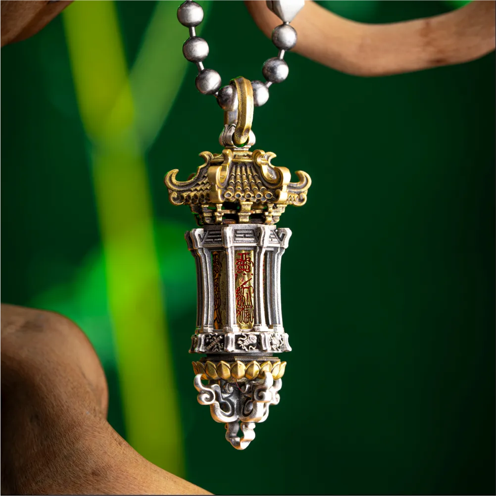 Ox.Silver And Brass Rotating Temple of Fortune Pendant Details 02