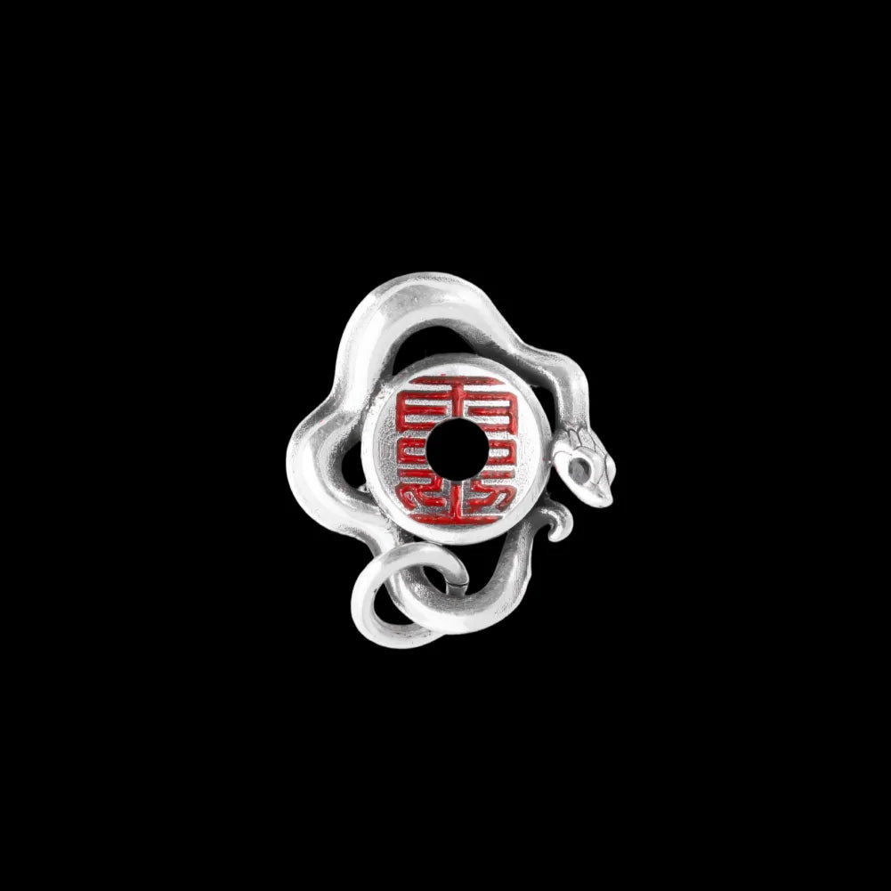 Ox.Silver With Cinnabar Snake Amulet Charm Details 01