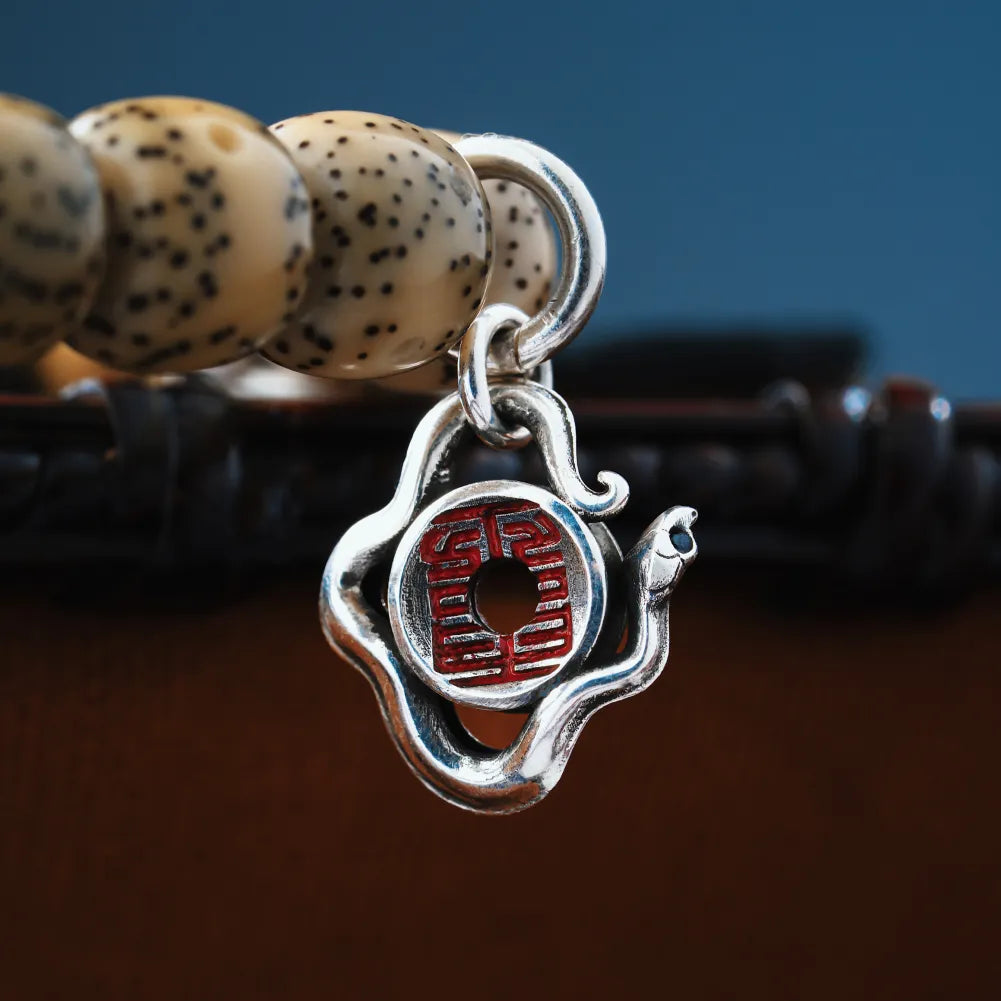 Ox.Silver With Cinnabar Snake Amulet Charm Details 05