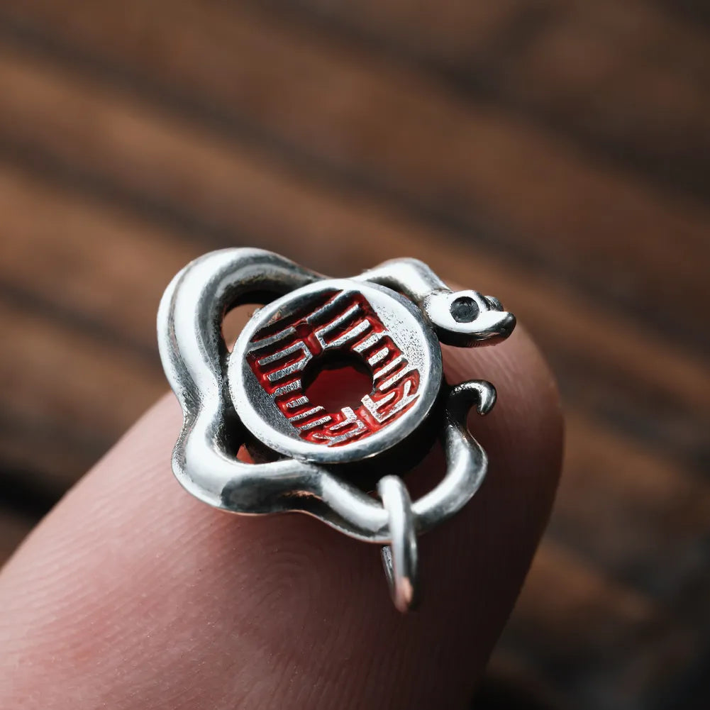 Ox.Silver With Cinnabar Snake Amulet Charm Details 06