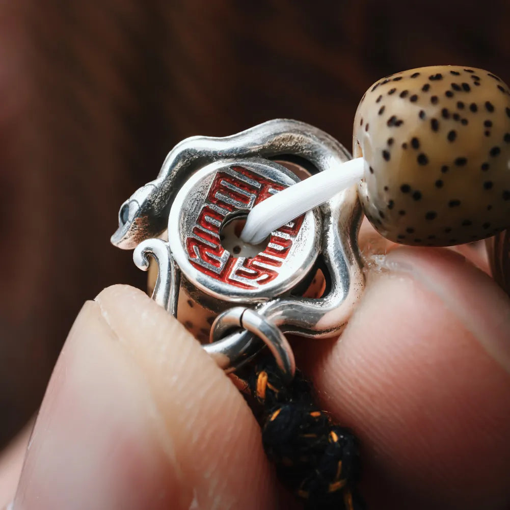 Ox.Silver With Cinnabar Snake Amulet Charm Details 07