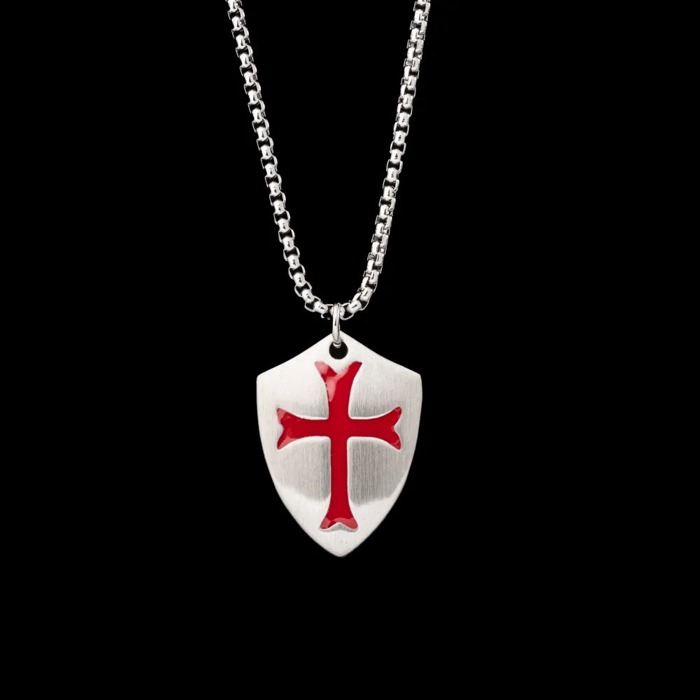 Polished Steel Crusader Shield Pendant Details 01