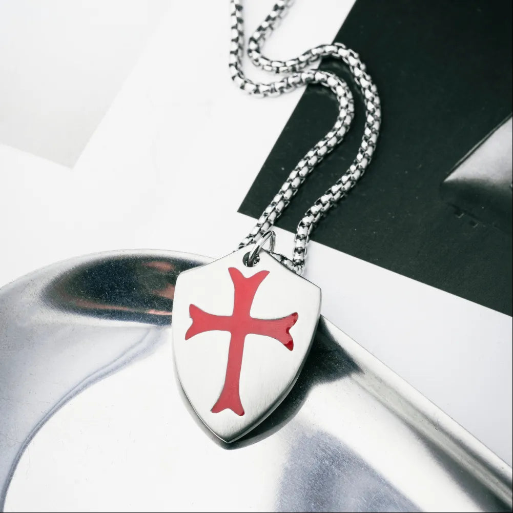 Polished Steel Crusader Shield Pendant Details 03