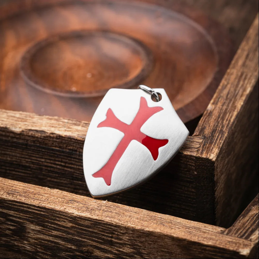 Polished Steel Crusader Shield Pendant Details 05