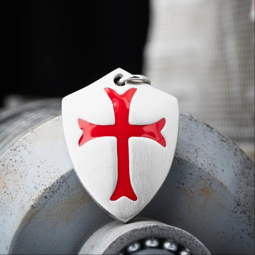 Polished Steel Crusader Shield Pendant Details 06