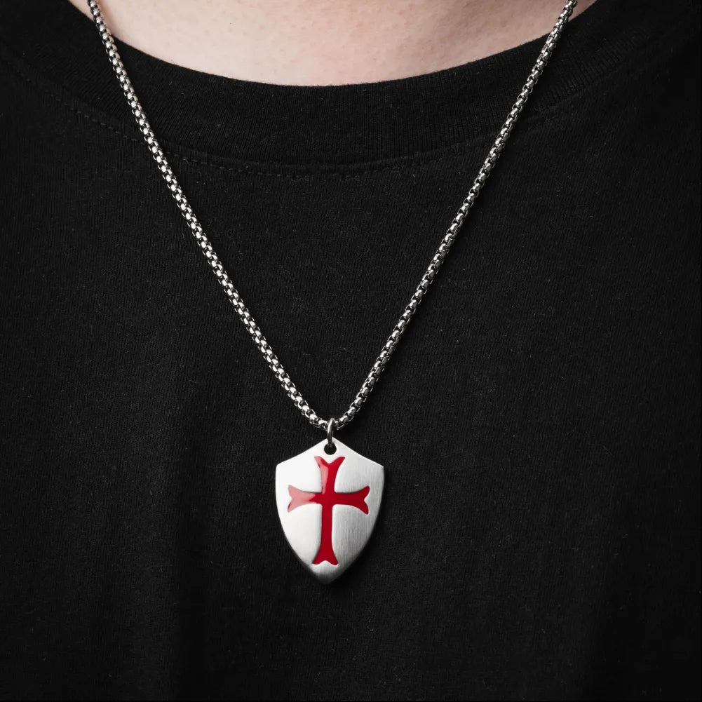 Polished Steel Crusader Shield Pendant Details 07