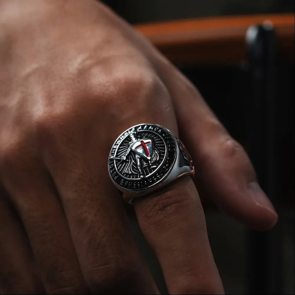 Polished Steel Crusader Shield Ring Details 02