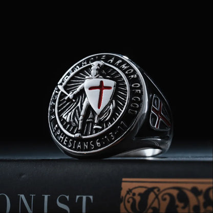 Polished Steel Crusader Shield Ring Details 03