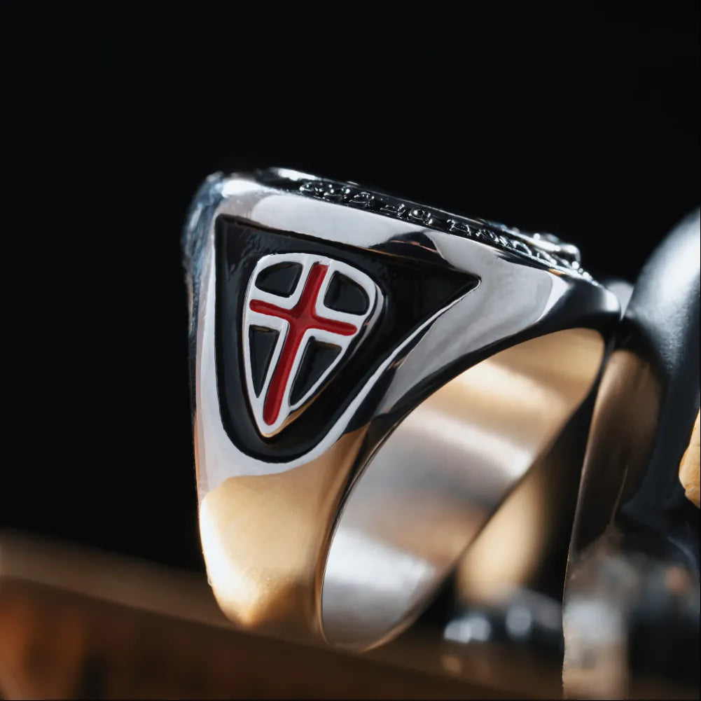 Polished Steel Crusader Shield Ring Details 04