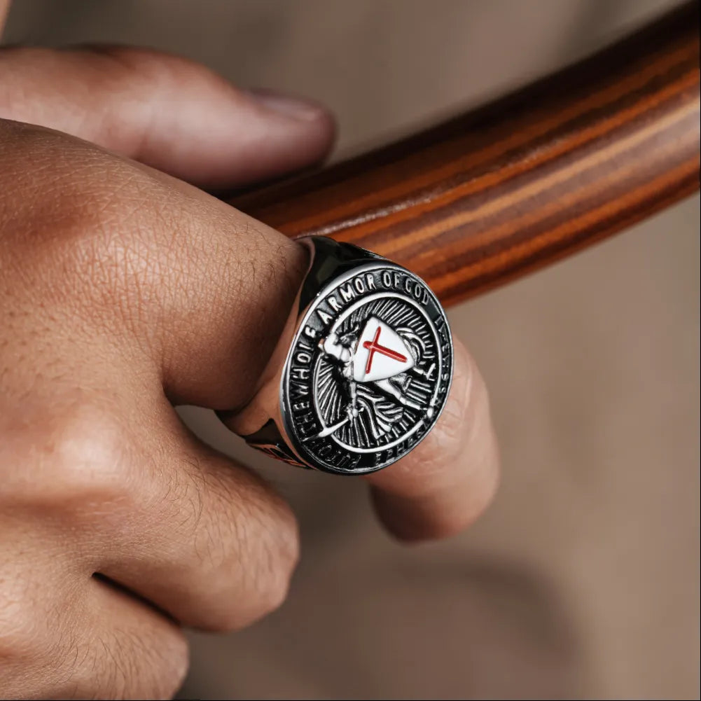 Polished Steel Crusader Shield Ring Details 07