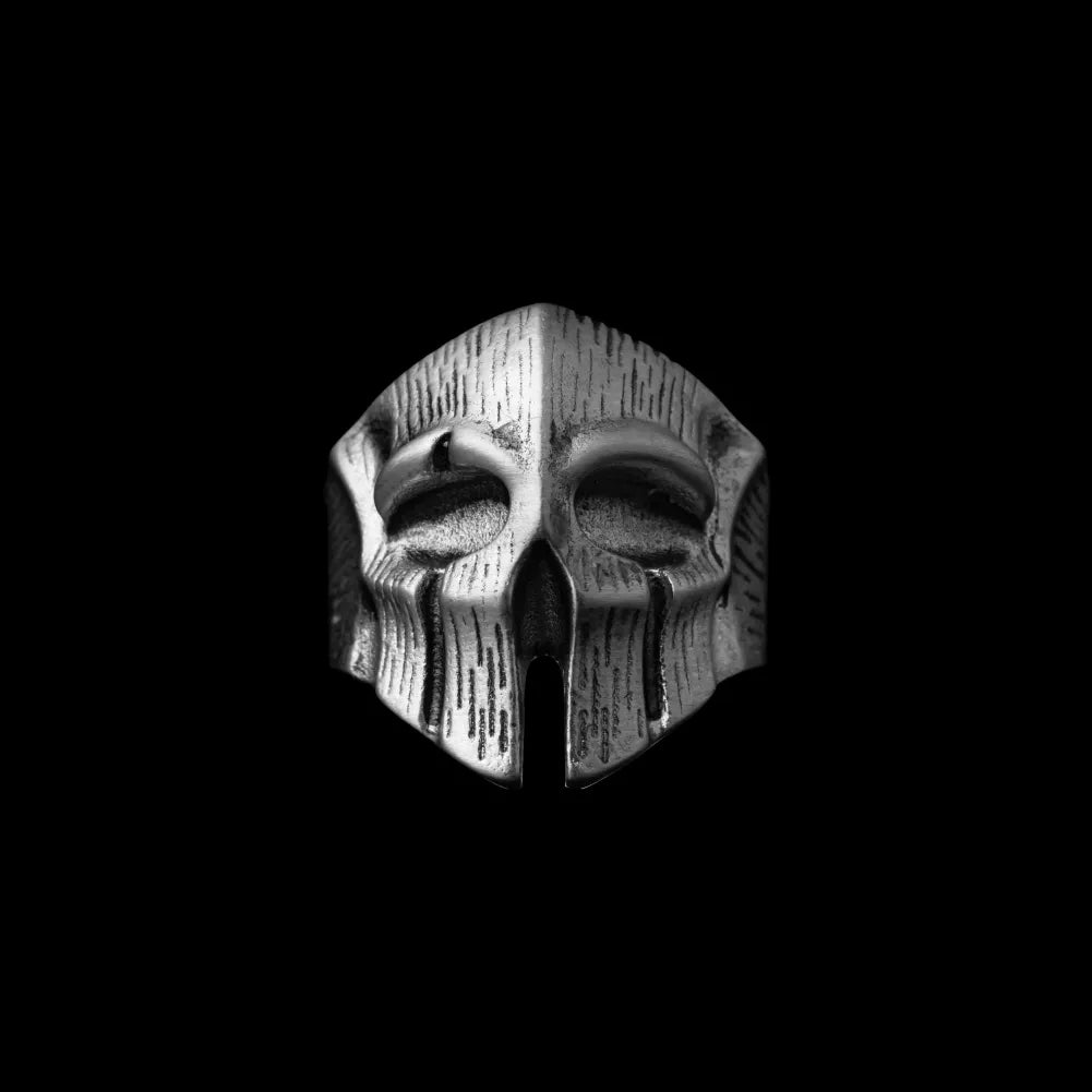Polished Steel Spartan Skull Ring Details 01