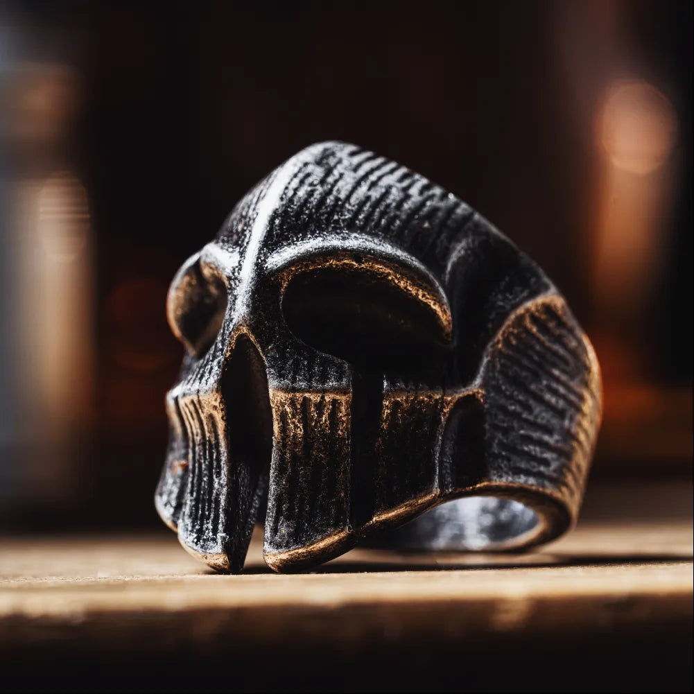Polished Steel Spartan Skull Ring Details 03