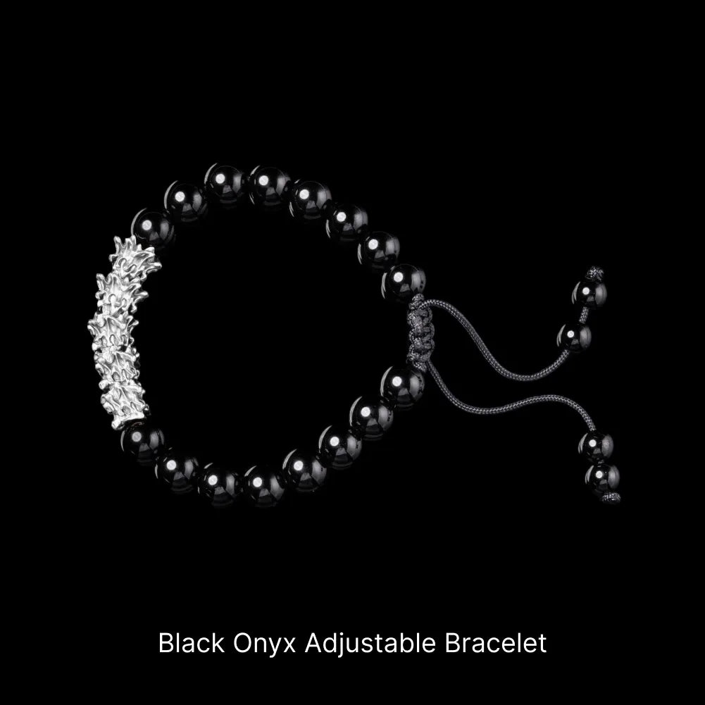 Serpent Spine Beaded Bracelet Silver Black Onyx Adjustable Bracelet Black Background