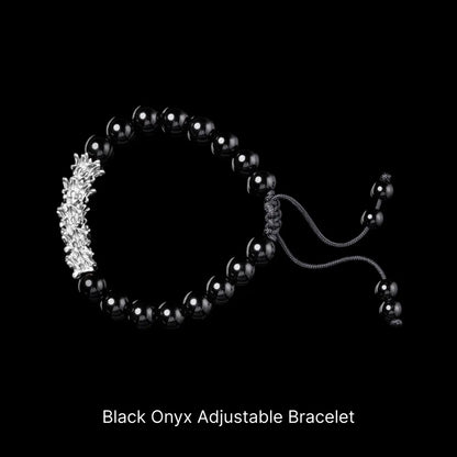 Serpent Spine Beaded Bracelet Silver Black Onyx Adjustable Bracelet Black Background