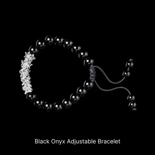 Serpent Spine Beaded Bracelet Silver Black Onyx Adjustable Bracelet Black Background