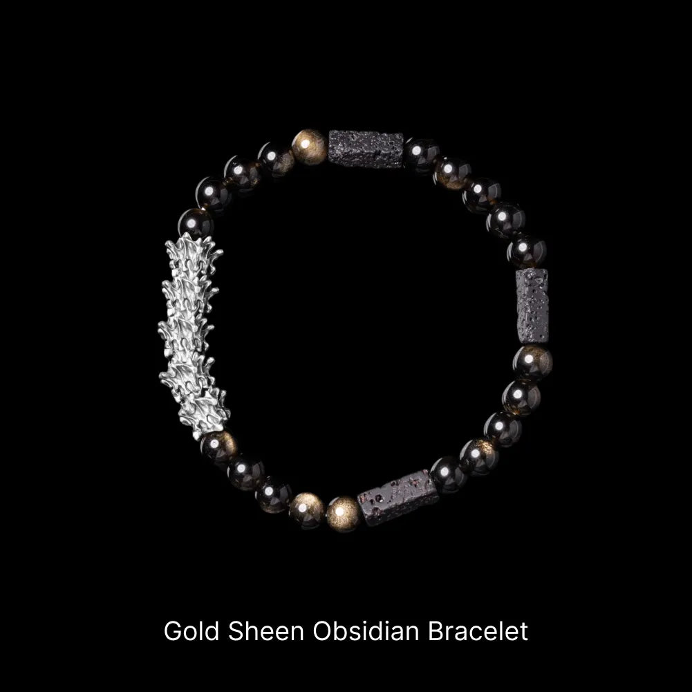 Serpent Spine Beaded Bracelet Silver Gold Sheen Obsidian Bracelet Black Background