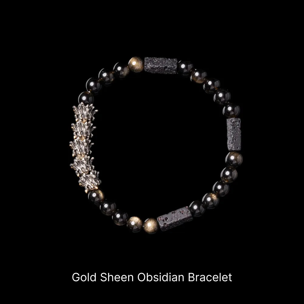 Serpent Spine Beaded Bracelet White Bronze And Brass Gold Sheen Obsidian Bracelet Black Background