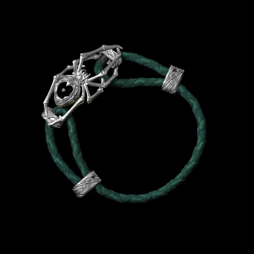 Silver Spider Rope Bracelet Braided Rope Dark Green