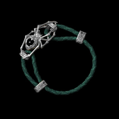 Silver Spider Rope Bracelet Braided Rope Dark Green