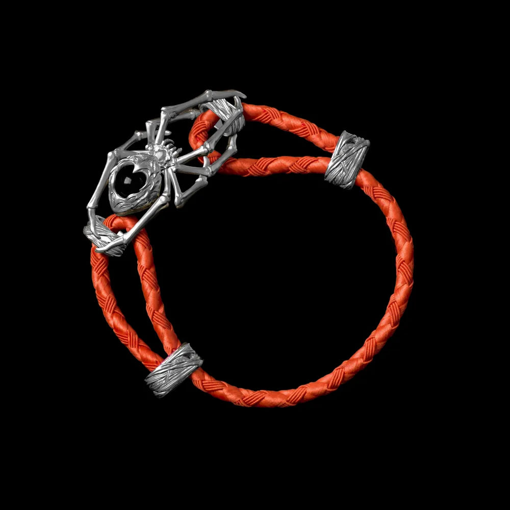 Silver Spider Rope Bracelet Braided Rope Deep Orange