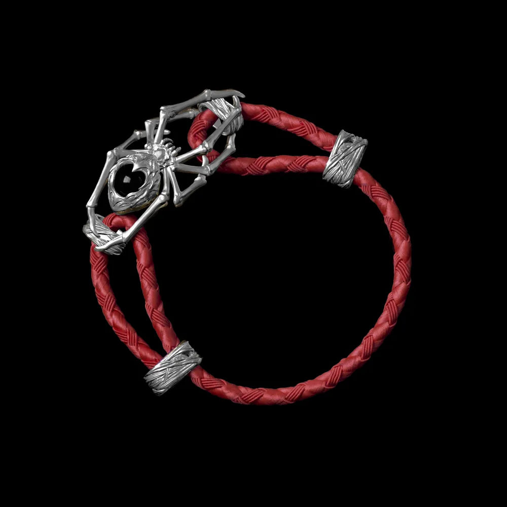 Silver Spider Rope Bracelet Braided Rope Wine Red