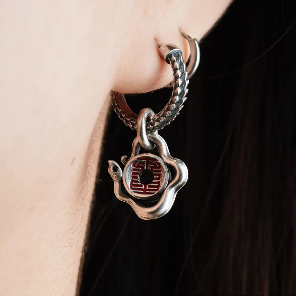 Silver With Cinnabar Snake Amulet Charm With Snake Skin Earrings Details 03