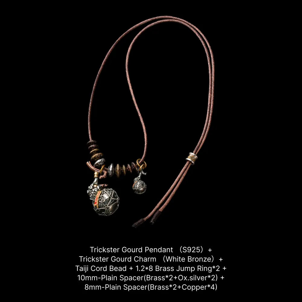 Trickster Gourd Charm Oxidized Silver Brass Cinnabar Rope Necklace