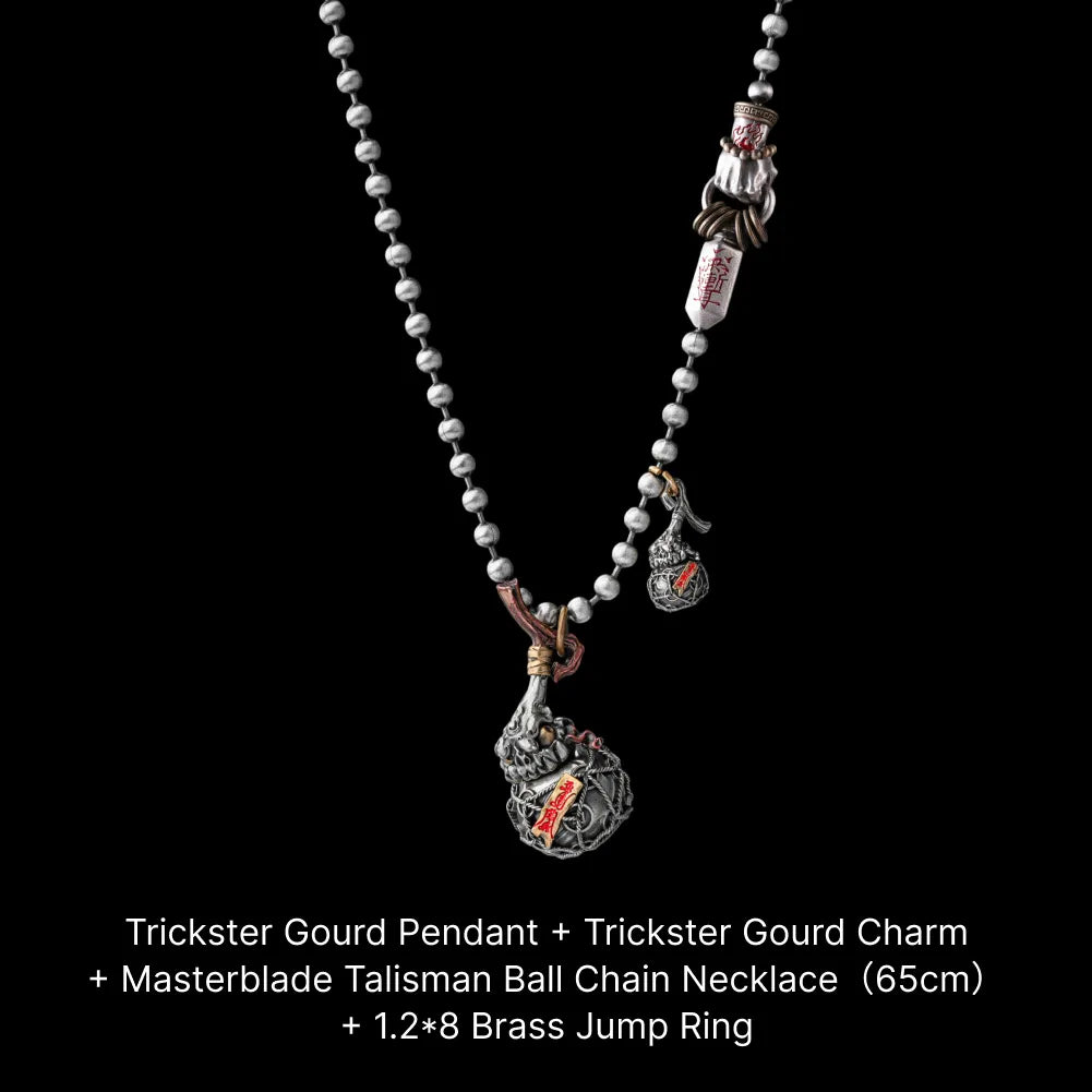 Trickster Gourd Charm White Bronze Brass Cinnabar Ball Chain Necklace