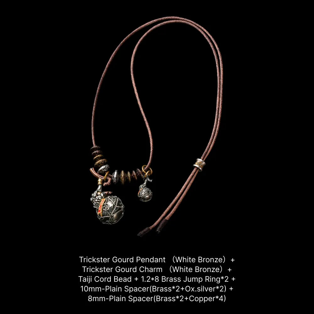 Trickster Gourd Charm White Bronze Brass Cinnabar Rope Necklace