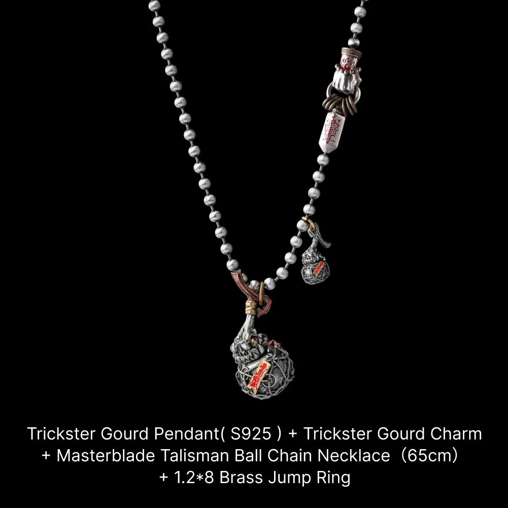 Trickster Gourd Pendant Oxidized Silver Brass Copper Cinnabar Ball Chain Necklace