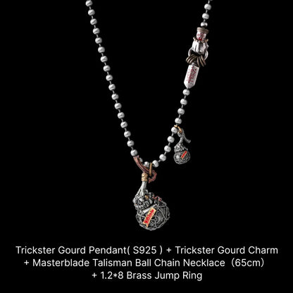 Trickster Gourd Pendant Oxidized Silver Brass Copper Cinnabar Ball Chain Necklace