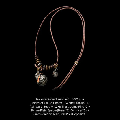 Trickster Gourd Pendant Oxidized Silver Brass Copper Cinnabar Rope Necklace