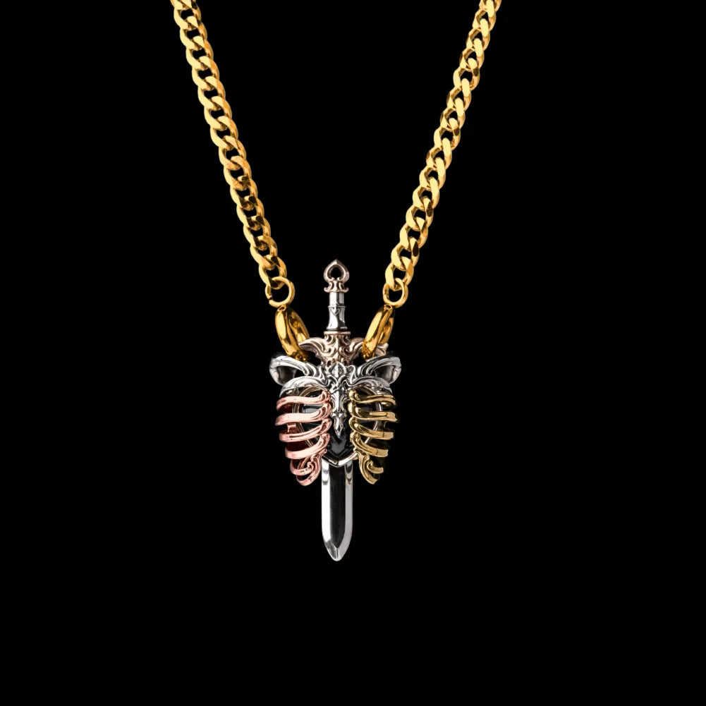 White Bronze Copper Brass Blackened The Beating Heart Pendant with Gold Nekcklace