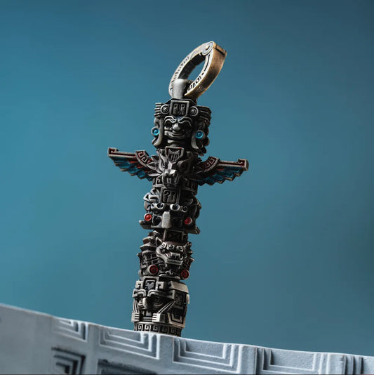 White Bronze Mayan Totem Pendant Details 02