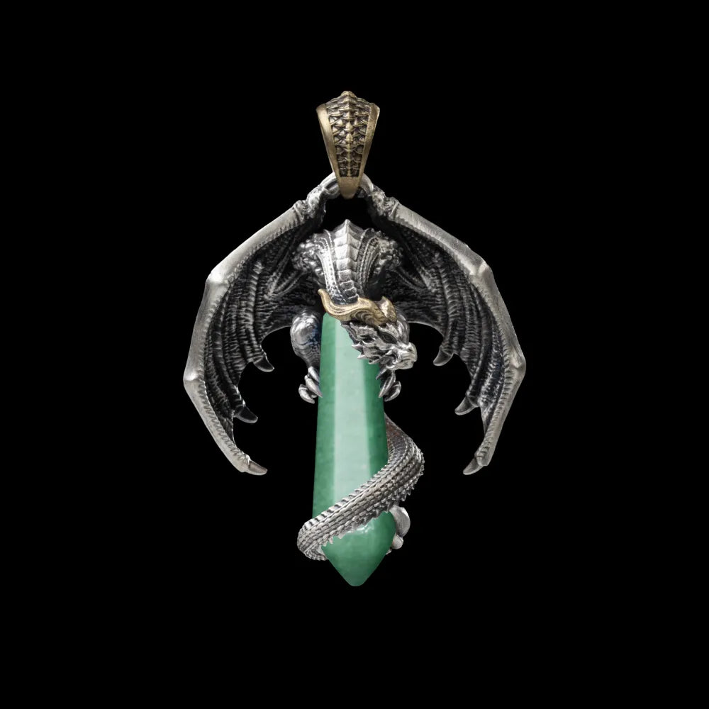 White Bronze With Brass Skybound Dragon Pendant Aventurine