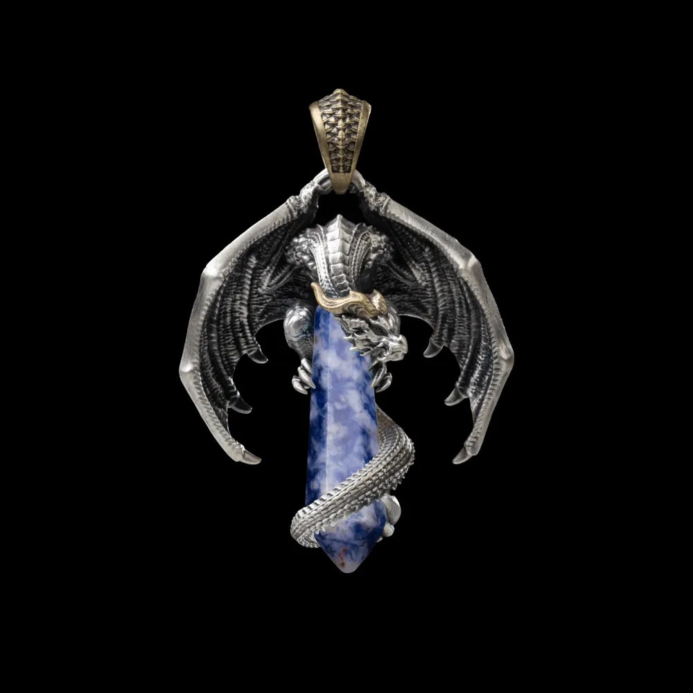 White Bronze With Brass Skybound Dragon Pendant Blue Lace Agate