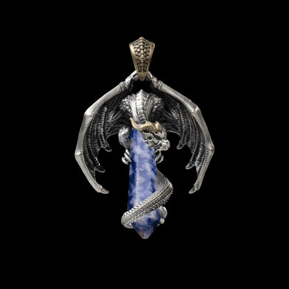 White Bronze With Brass Skybound Dragon Pendant Blue Lace Agate