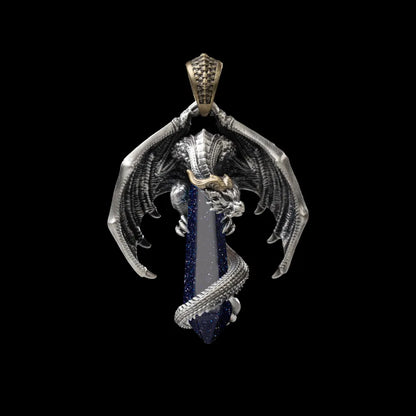 White Bronze With Brass Skybound Dragon Pendant Blue Sandstone