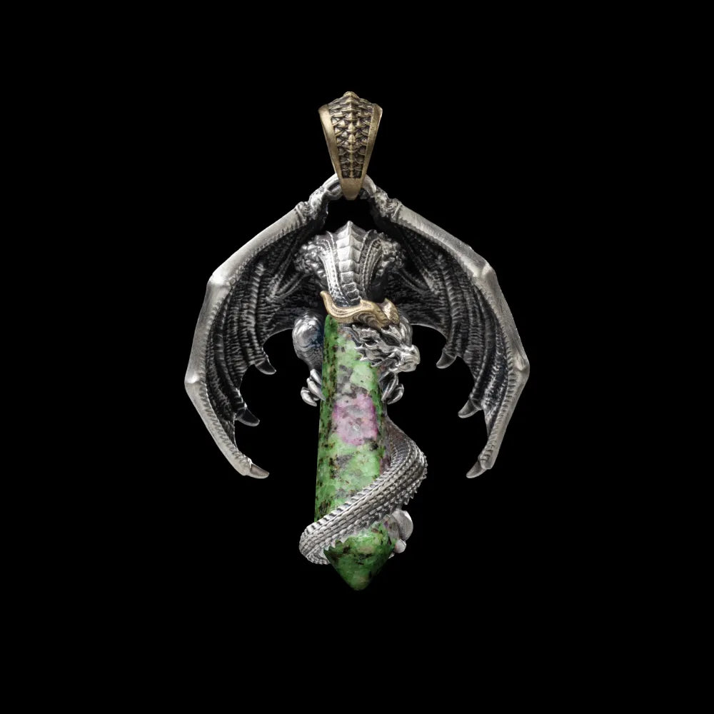 White Bronze With Brass Skybound Dragon Pendant Brass Ruby Zoisite