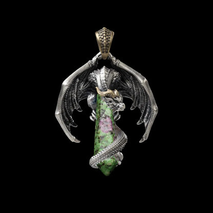 White Bronze With Brass Skybound Dragon Pendant Brass Ruby Zoisite