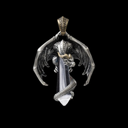 White Bronze With Brass Skybound Dragon Pendant Clear Quartz