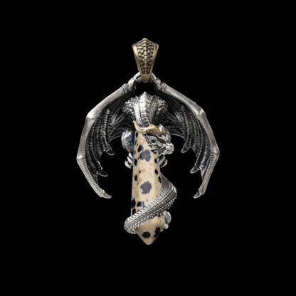White Bronze With Brass Skybound Dragon Pendant Dalmatian Stone