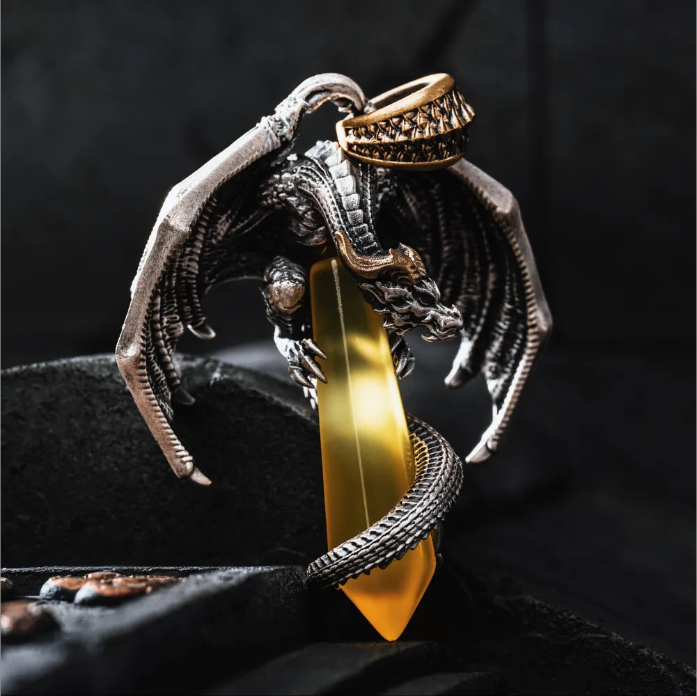 White Bronze With Brass Skybound Dragon Pendant Details 04