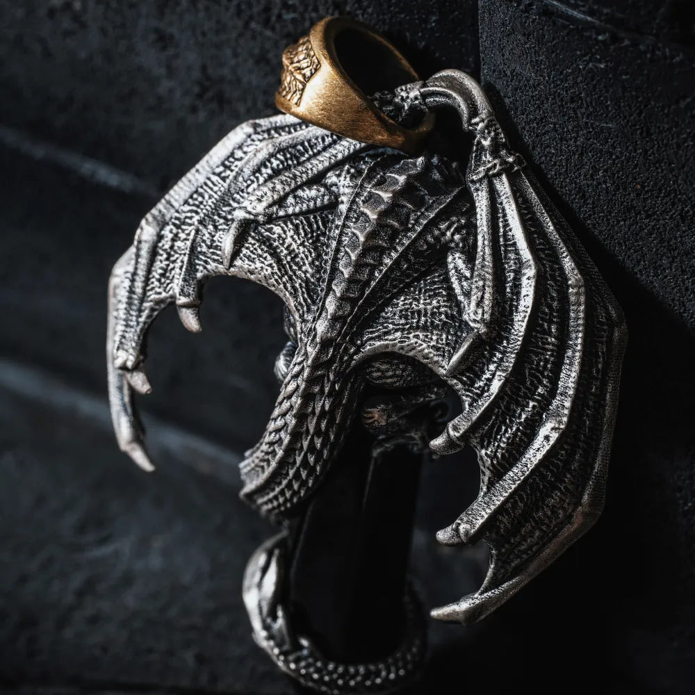 White Bronze With Brass Skybound Dragon Pendant Details 05