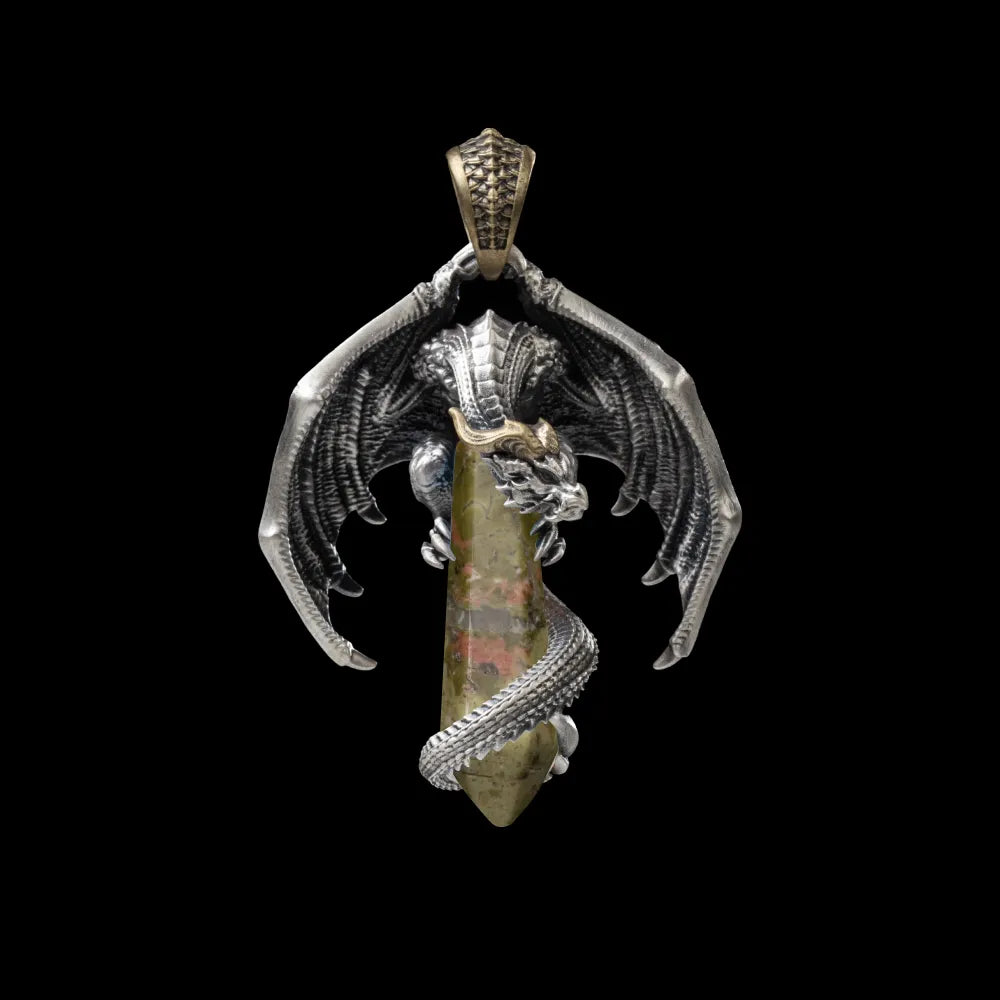 White Bronze With Brass Skybound Dragon Pendant Flower Green Stone