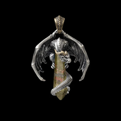 White Bronze With Brass Skybound Dragon Pendant Flower Green Stone