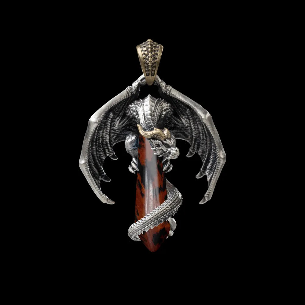 White Bronze With Brass Skybound Dragon Pendant Golden swan stone