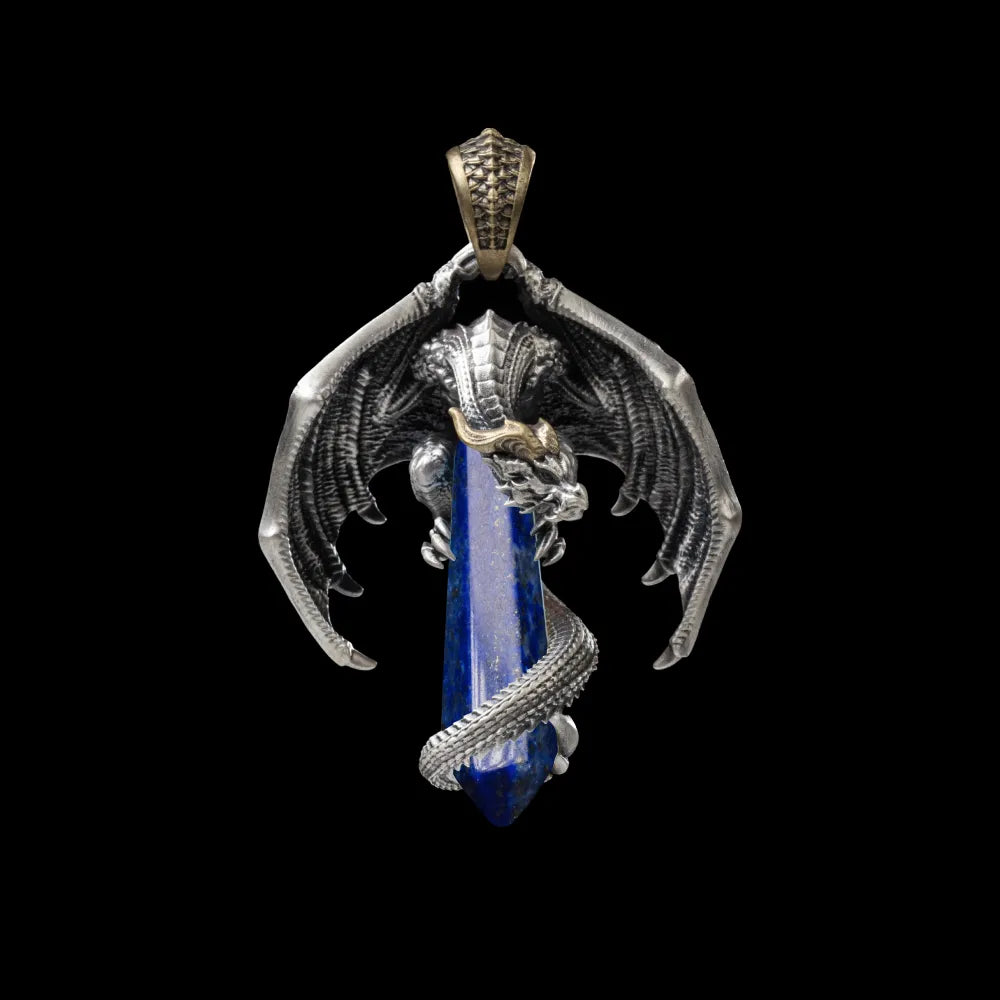 White Bronze With Brass Skybound Dragon Pendant Lapis Lazuli