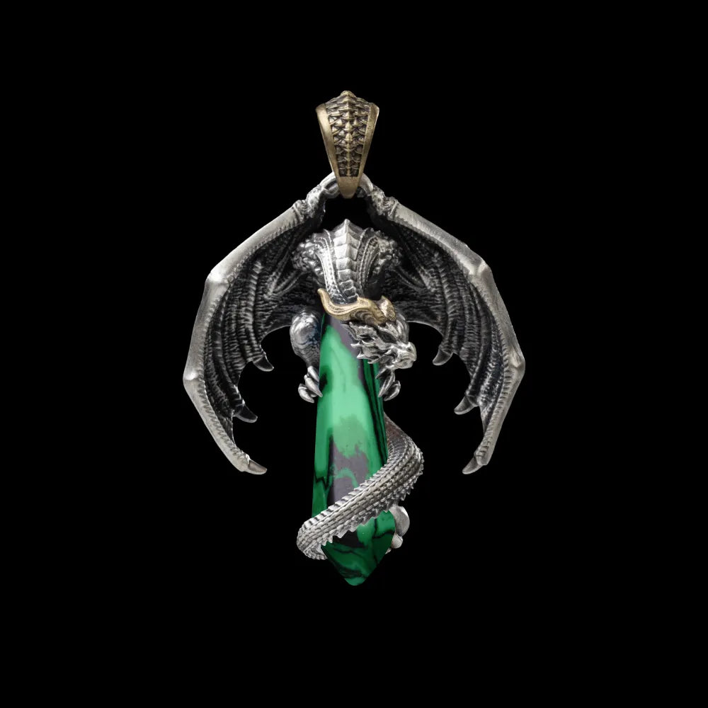 White Bronze With Brass Skybound Dragon Pendant Malachite